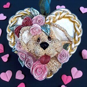 Vintage Teddy Bear Heart Ornament Floral Roses Gift of Love Valentine’s Birthday
